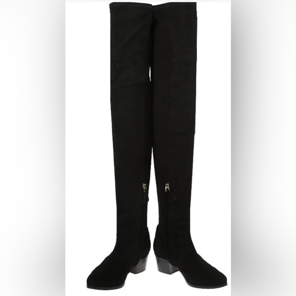 CHANEL BLACK LAMBSKIN SUEDE THIGH HIGH CC LOGO BOOTS SHOES 37 - Picture 2 of 9